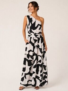 Abercrombie & Fitch One-Shoulder Black White Print Summer Maxi Dress Sz Large